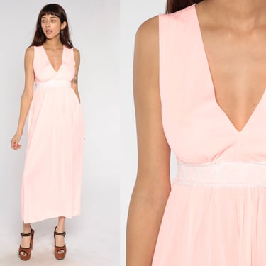 Bright Pink Slip Dress 70s Lingerie Nightgown Maxi V Neck Sleeveless Romantic Retro Nightie Empire Waist Pastel Boho Vintage 1970s Small S 