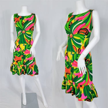 1960's Pink Green Barkcloth Psychedelic Print Go-Go Dress I Sz Med 