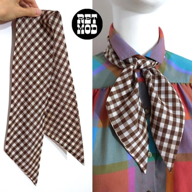 Cute Vintage 60s 70s Brown & White Gingham Plaid Cotton Neck Scarf 