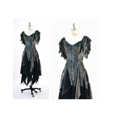 Vintage 80s Prom Dress Black Silver Metallic Handkerchief Hem Witch Costume// 80s Black Metallic Silver Party Dress Size XXS XS 