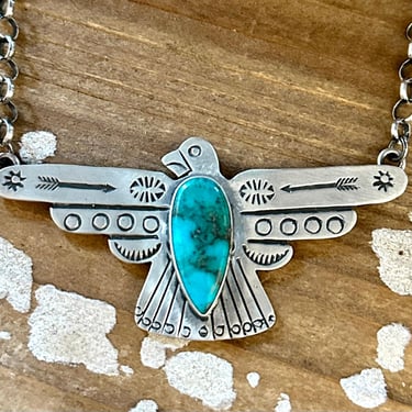 RUSSELL SAM Navajo Thunderbird Sterling Silver & Turquoise Necklace Pendent, Chain Link | Native American Design Southwestern Jewelry • 28g 