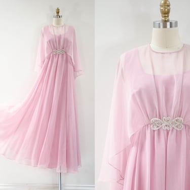 pink chiffon dress | 70s 80s plus size vintage pastel purple sheer chiffon flowy cape goddess full floor length party dress gown 