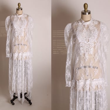 1980s Sheer White Lace Formal Draped Hem Drop Waist Wedding Gunne Sax Style Cottagecore Long Sleeve Lawn Dress -M 