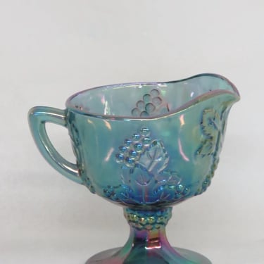 Indiana Carnival Glass Harvest Grape Blue Iridescent Footed Creamer 3658B