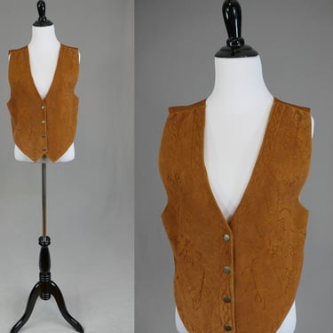 90s Brown Suede Vest - Embroidered Flowers Leaves Swirls - Real Leather - Northwest Territory - Vintage 1990s - M 