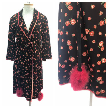 Vintage VTG 1970s 70s Black Floral Robe Dress with Marabou Feather Ties 