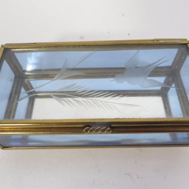 Vintage Blue Glass Brass Etched Box - Rectanglar Etched Glass Box - Jewelry Casket 