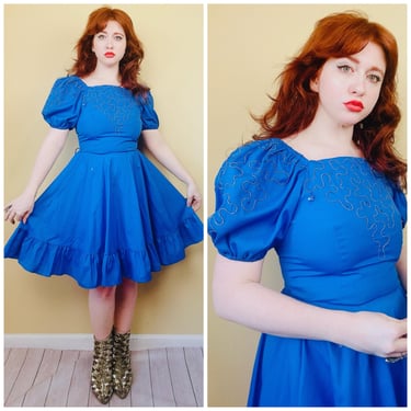 1980s Vintage Square Dance CO Dress / 80s Soutache Rhinestone Ruffled Western Dress Blue / Medium 