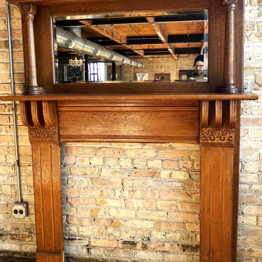 Two Piece Mantel w Mirror and Columns w Carvings