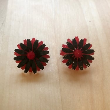 Vintage Red and Black Floral Clip-On Earrings - 1960s 