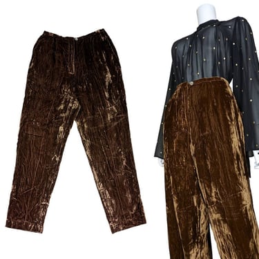 Vintage Crushed Velvet Pants, Large / 1990s Baggy High Waist Pants / Neutral Brown Loose Fit Velvet Dress Pants / Funky Club Lounge Pants 