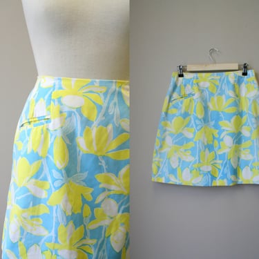 1960s Lilly Pulitzer Blue and Yellow Floral Mini Skirt 