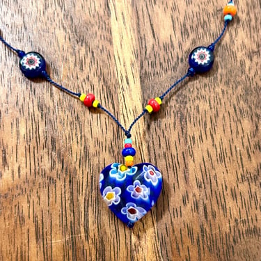 Millefiori Beaded Necklace Blue Heart Glass Pendant Hand Knotted Beads Vintage Estate Jewelry 