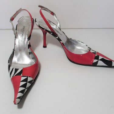 Slingback Shoes, Vintage Dolce & Gabbana stilettos, pink black white, size 37 1/2 Women 