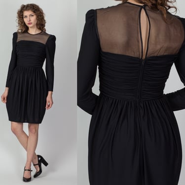 80s Leslie Fay Ruched Bodycon Little Black Dress - Small | Vintage Fitted Sheer Cutout Long Sleeve Cocktail Mini Dress 