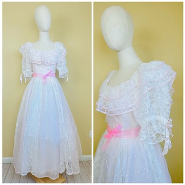 1980s Vintage Precious Moments Pink Flocked Heart Dress / 80s Lace Romantic Ruffled Puffed Sleeve Maxi Gown / Size XS 