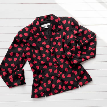 black red heart blouse | 90s vintage nipped waist silk romantic heart pattern long sleeve blouse 