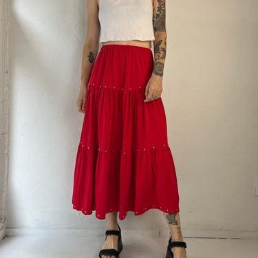 80s Red Studded Peasant Skirt / Small 