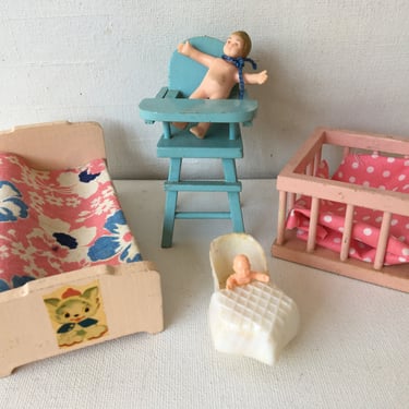 Vintage 60's Wooden Dollhouse Nursery Furniture, Toddler Bed, Pink Playpen, Blue High Chair, Baby Toddler 