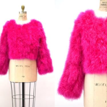 80s Vintage Bright Pink Feather Jacket Marabou Feather Jacket Small Medium// Vintage Fuchsia Feather Jacket Vintage Barbie Marabou Jacket 