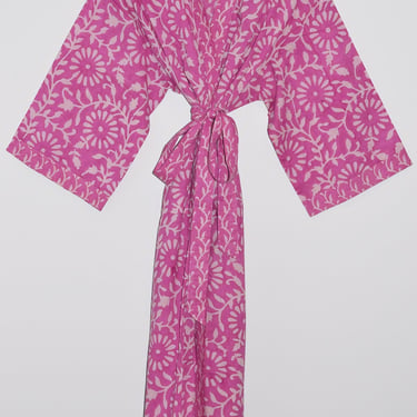 Block Printed Kimono Robe, Hand Block Print Robes, Lightweight Cotton Bathrobe, Cotton Dressing Gown, Beach Coverup, Pink Floral Cotton Robe 