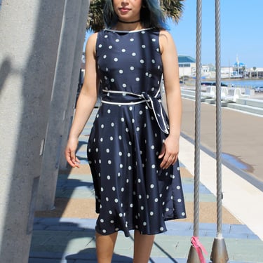 Vintage 1990s Sara Campbell Dress, Size 2P, navy silk, gray polka dots 