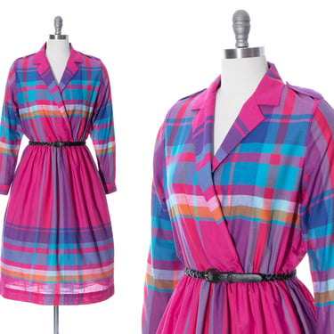Vintage 1980s Dress | 80s Plaid Tartan Cotton Hot Pink Fit and Flare Long Sleeve Bright Colorful Day Dress (small/medium) 