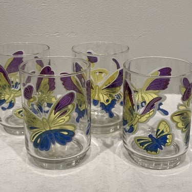 4- 10oz Vintage Libbey Yellow Blue Purple Butterfly Juice Drinking Glasses, Butterfly Barware, Retro tumblers and barware, modern drinkware 