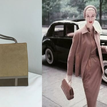 Girl On the Move - Vintage 1950s 1960s Two Tone Beige & Mink Brown Suede Leather Handbag Purse 
