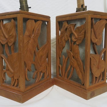 Post War Carved Mango Wood Tropical Mid Century Table Lamp 