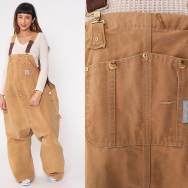 90s Carhartt Overalls Tan Plus Size Coveralls Cargo Dungarees Work Jumpsuit Pants Utility Vintage 1990s USA Made Men's 4x 4xl 