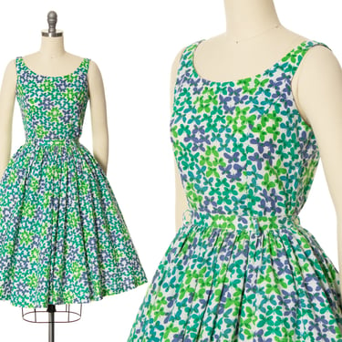 Vintage 1960s Dress Set | 60s Butterfly Novelty Print Cotton Blend Two Piece Sleeveless Top & Full Swing Skirt Green Blue Set (x-small) 