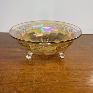 Vintage Imperial Glass Floral and Optic Marigold Three Toed Footed Bowl Carnival 
