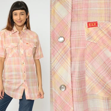 70s Western Shirt Pink Plaid Pearl Snap Shirt Ely Plains Short Sleeve Button up Rodeo Cowboy Checkered Vintage 1970s Men's 15 1/2 Medium 