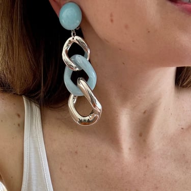 French Designer Francine Bramli Light Blue Silver Link Clip On Earrings