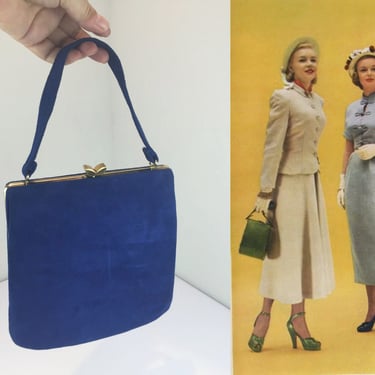 Slender Talls - Vintage 1940s 1950s Royal Blue Suede Leather Tall Handbag Purse 