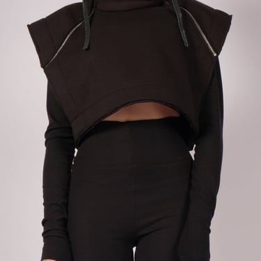 Sleeveless Drop Shoulder Cropped Sweatshirt with Zip Details