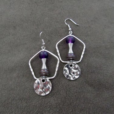 Hammered silver hexagon and purple dangle earrings 
