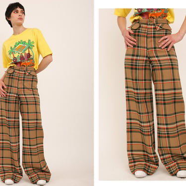 Vintage 1970s 70s High Waisted Tan Plaid Wide Leg Flared Pants Trousers 