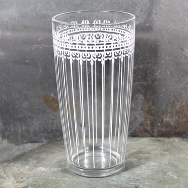 Replacement Highball Glass | Mid-Century Tall Glass with White Pattern | Lines and Fleur de Lis | Eclectic Barware | 12 Ounce Glass 