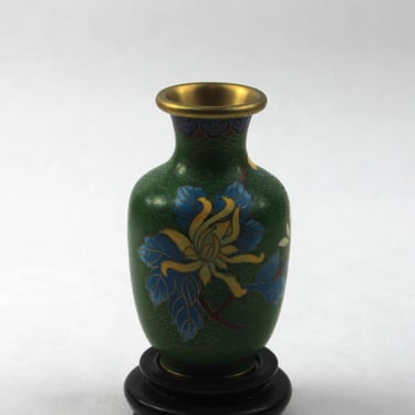 Vintage Chinese Cloisonne Mini Vase Green Enamel on Brass Floral with Base 