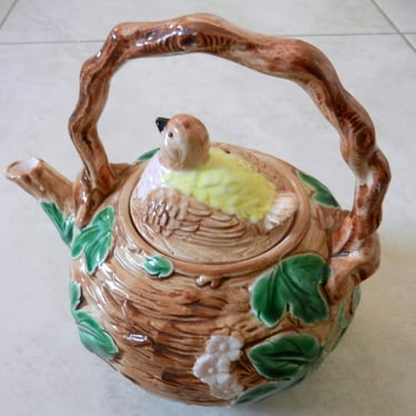 Vintage Majolica Style Hand Painted Teapot~ Twig Bird Nest, Branch Handle Basket with Nesting Chick Quail Bird~ Japan, The Haldon Group 