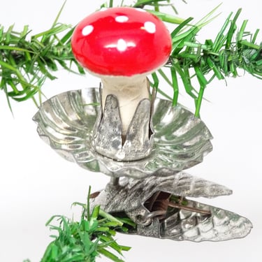 Vintage German  Spun Cotton Mushroom Clip On Christmas Tree Ornament, Antique Hand Painted Feather Tree Decor, Germany 