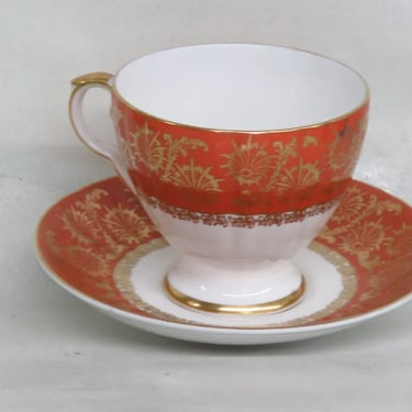 Royal Grafton England Bone China Orange and Gold Set of Tea Cup and Saucer 3271B