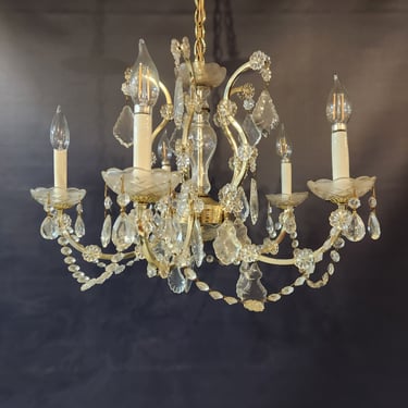 Vintage Glass and Crystal 5 Arm Chandelier 22