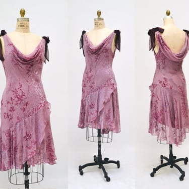 Vintage 90s 00 Y2K Bias Cut Silk Dress Purple Ruffle Beaded Floral Print Silk Bias Cut Tank Dress Medium Large Silk Burnout Cowl Neck Dress 