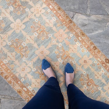Vintage 3’ x 11’10” Botanical Runner Grey-Blue Sand Copper Hand-Knotted Wool Pile Rug 1950s - FREE DOMESTIC SHIPPING 
