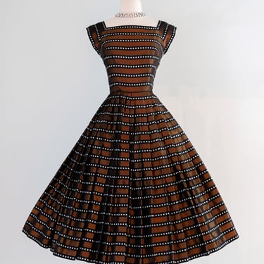 Vintage 1950's Autumnal Box Stripe Copper Taffeta Dress / S