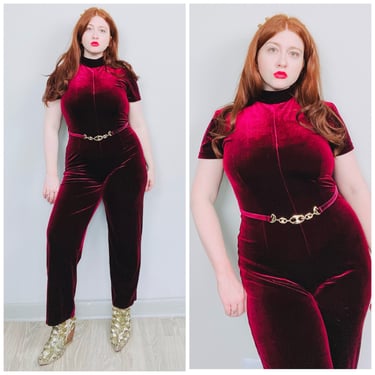 1990s Vintage Scarlett Spandex Wine Velvet Jumpsuit / 90s does 60s Mod Style Stretch Catsuit / Medium - Large 