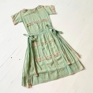 1920s Ruffled Lace Mint Green Cotton Dress 